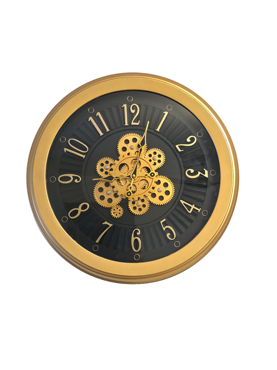 16-Inch Decorative Wall Clock with Rotating Gears – Stylish Black and Gold Plastic Frame, Modern Industrial Aesthetic