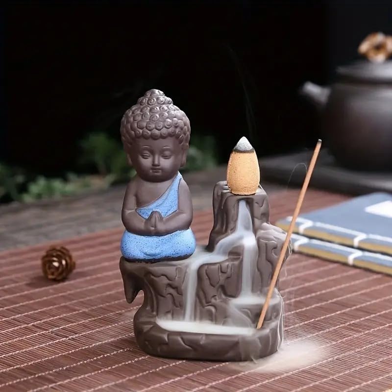 Buddha Backflow Smoke Fountain with Free Incense Cones – Resin Monk Idol for Home Décor & Gifting