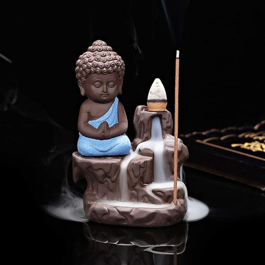 Buddha Backflow Smoke Fountain with Free Incense Cones – Resin Monk Idol for Home Décor & Gifting