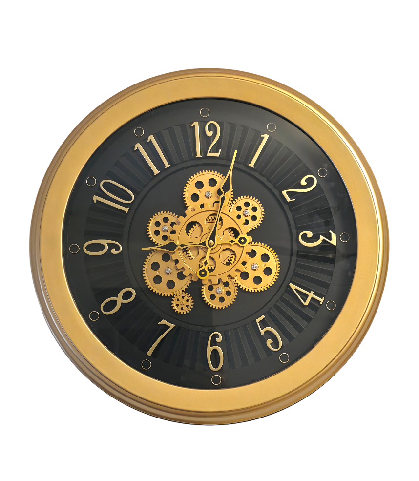 16-Inch Decorative Wall Clock with Rotating Gears – Stylish Black and Gold Plastic Frame, Modern Industrial Aesthetic