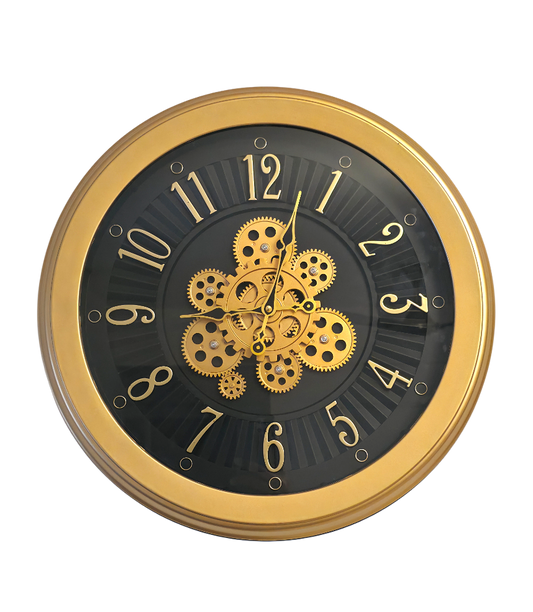 16-Inch Decorative Wall Clock with Rotating Gears – Stylish Black and Gold Plastic Frame, Modern Industrial Aesthetic